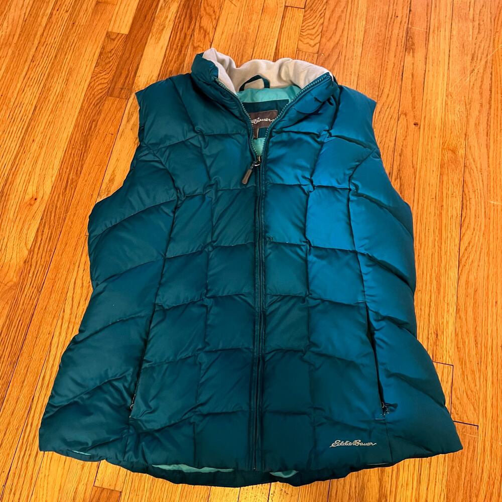 Eddie Bauer Puffer Vest Womens Large EB 650 Down Full Zip Jacket Coat Blue Green